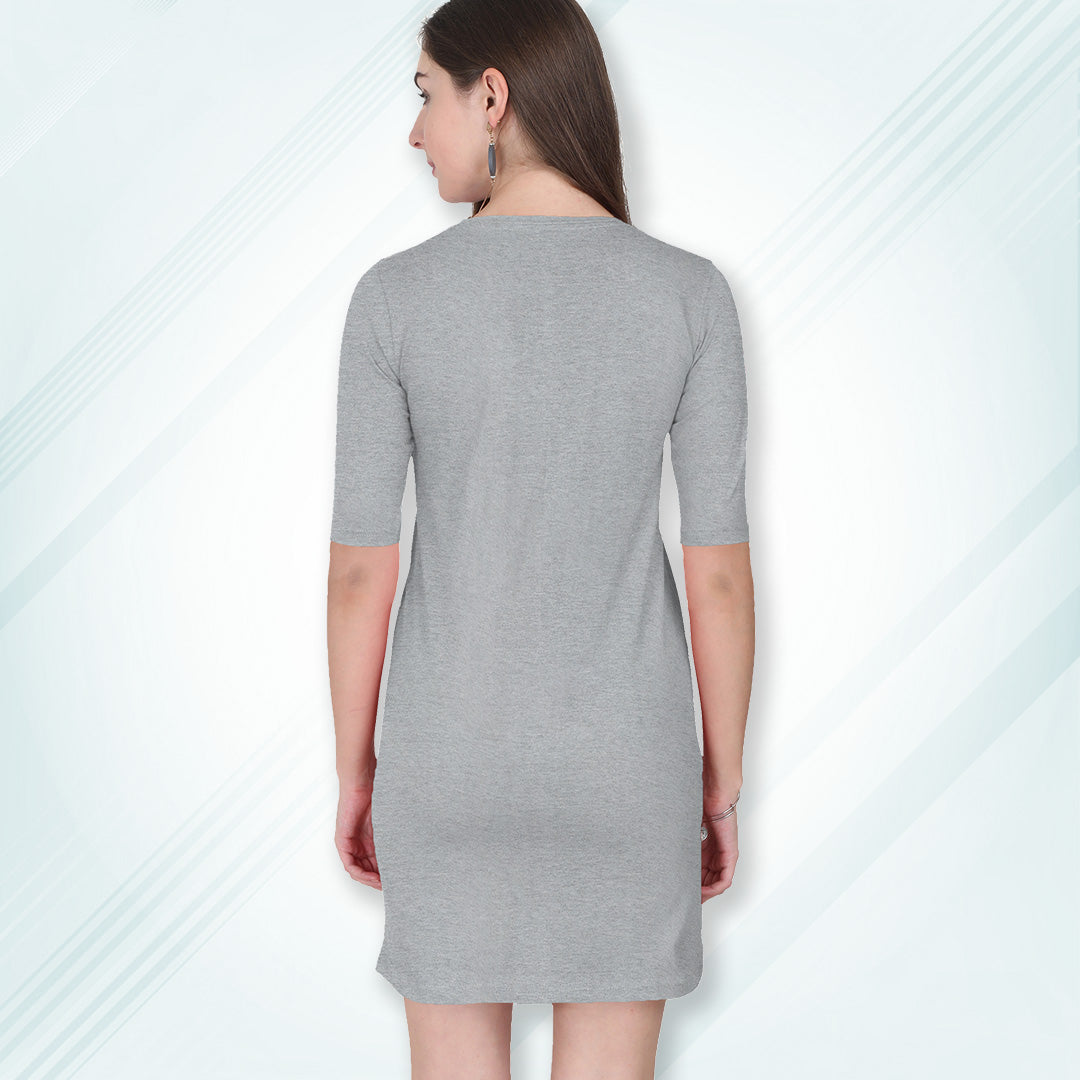 Grey Melange Long T-Shirt Dress | Knee Length 3/4 Quarter Sleeves Cotton Tops with Side Pockets | Women