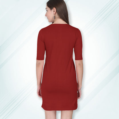 Red Long T-Shirt Dress | Knee Length 3/4 Quarter Sleeves Cotton Tops with Side Pockets | Women