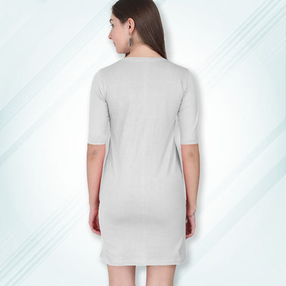 White Long T-Shirt Dress | Knee Length 3/4 Quarter Sleeves Cotton Tops with Side Pockets | Women