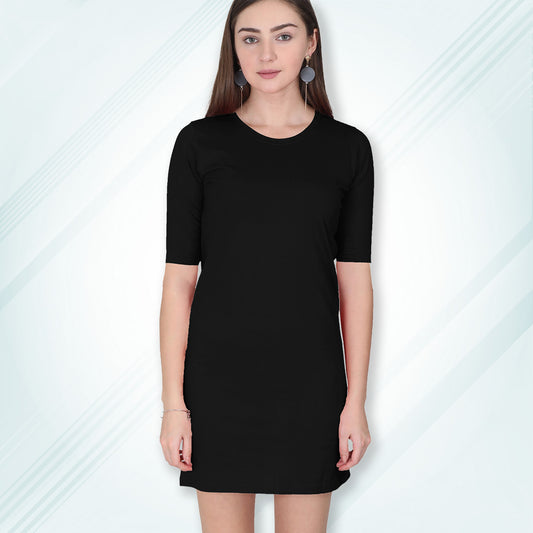Black Long T-Shirt Dress | Knee Length 3/4 Quarter Sleeves Cotton Tops with Side Pockets | Women