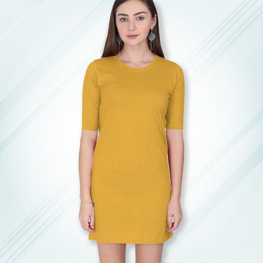 Golden Yellow Long T-Shirt Dress | Knee Length 3/4 Quarter Sleeves Cotton Tops with Side Pockets | Women