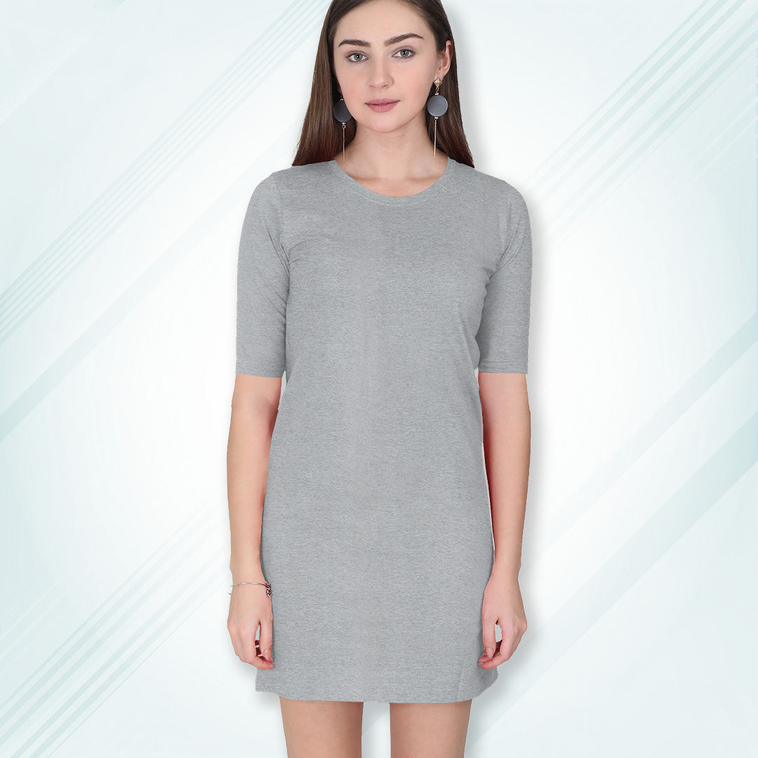 Grey Melange Long T-Shirt Dress | Knee Length 3/4 Quarter Sleeves Cotton Tops with Side Pockets | Women