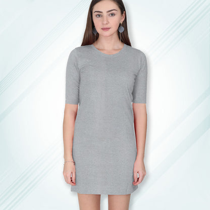 Grey Melange Long T-Shirt Dress | Knee Length 3/4 Quarter Sleeves Cotton Tops with Side Pockets | Women