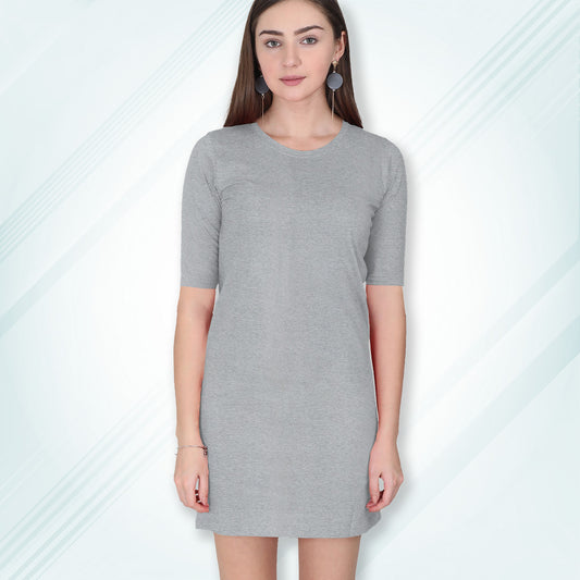 Grey Melange Long T-Shirt Dress | Knee Length 3/4 Quarter Sleeves Cotton Tops with Side Pockets | Women