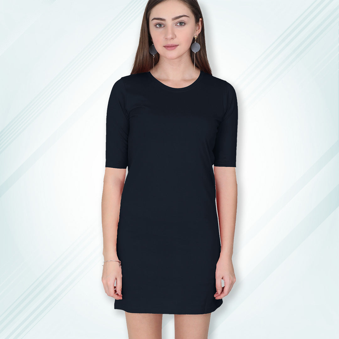 Navy Long T-Shirt Dress | Knee Length 3/4 Quarter Sleeves Cotton Tops with Side Pockets | Women