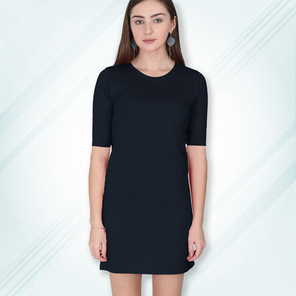 Navy Long T-Shirt Dress | Knee Length 3/4 Quarter Sleeves Cotton Tops with Side Pockets | Women