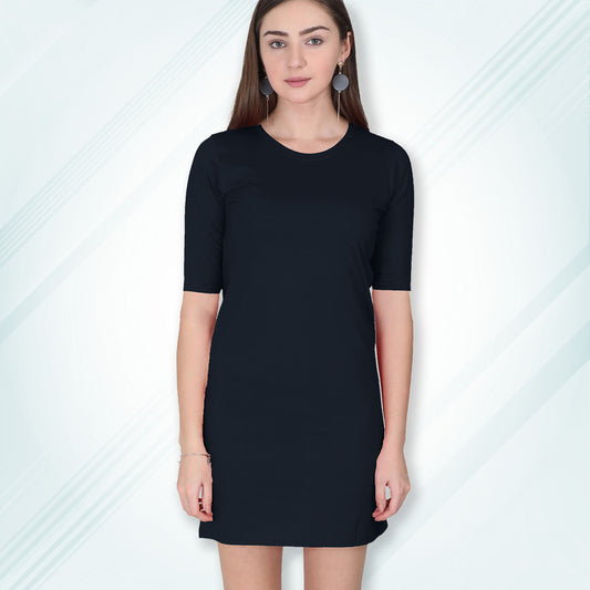 Navy Long T-Shirt Dress | Knee Length 3/4 Quarter Sleeves Cotton Tops with Side Pockets | Women