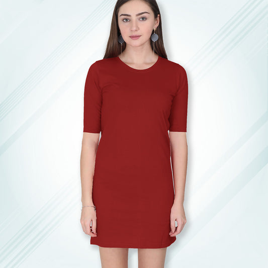 Red Long T-Shirt Dress | Knee Length 3/4 Quarter Sleeves Cotton Tops with Side Pockets | Women