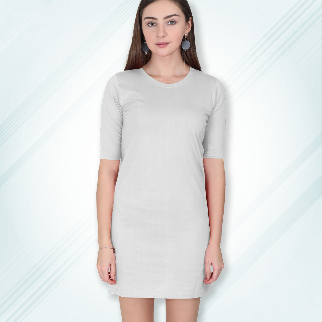White Long T-Shirt Dress | Knee Length 3/4 Quarter Sleeves Cotton Tops with Side Pockets | Women