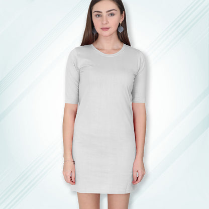 White Long T-Shirt Dress | Knee Length 3/4 Quarter Sleeves Cotton Tops with Side Pockets | Women